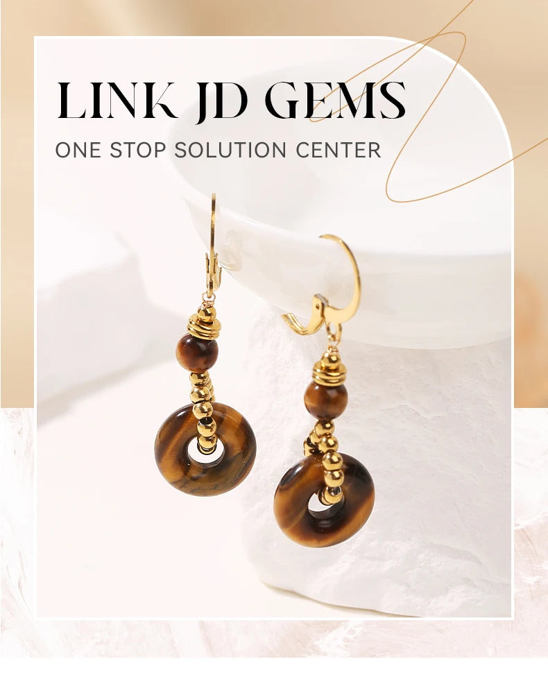 JD New Fashion Earrings Natural Tiger Eye Stone Hoop Earring for Women Charm Lucky Energy Stone Handmade Stainless Steel Jewelry
