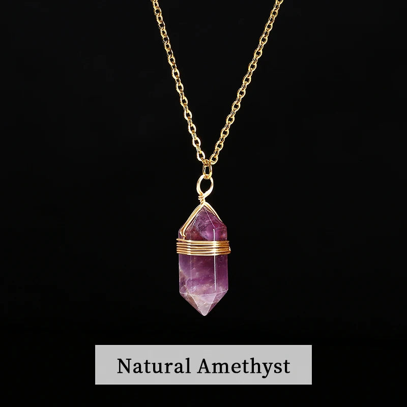 JD Natural Stone Amethyst Yellow Tiger Eye Obsidian Hexagon Column Charm Necklace Women Men Fashion Energy Healing Chain Choker