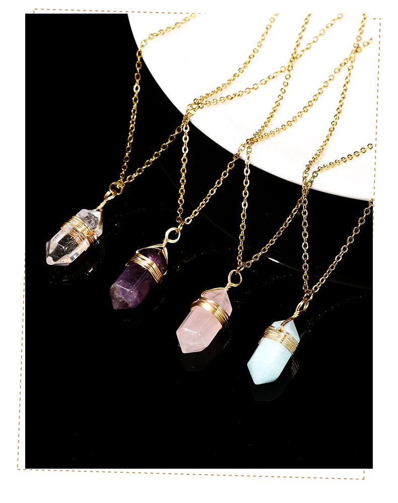 JD Natural Stone Amethyst Yellow Tiger Eye Obsidian Hexagon Column Charm Necklace Women Men Fashion Energy Healing Chain Choker
