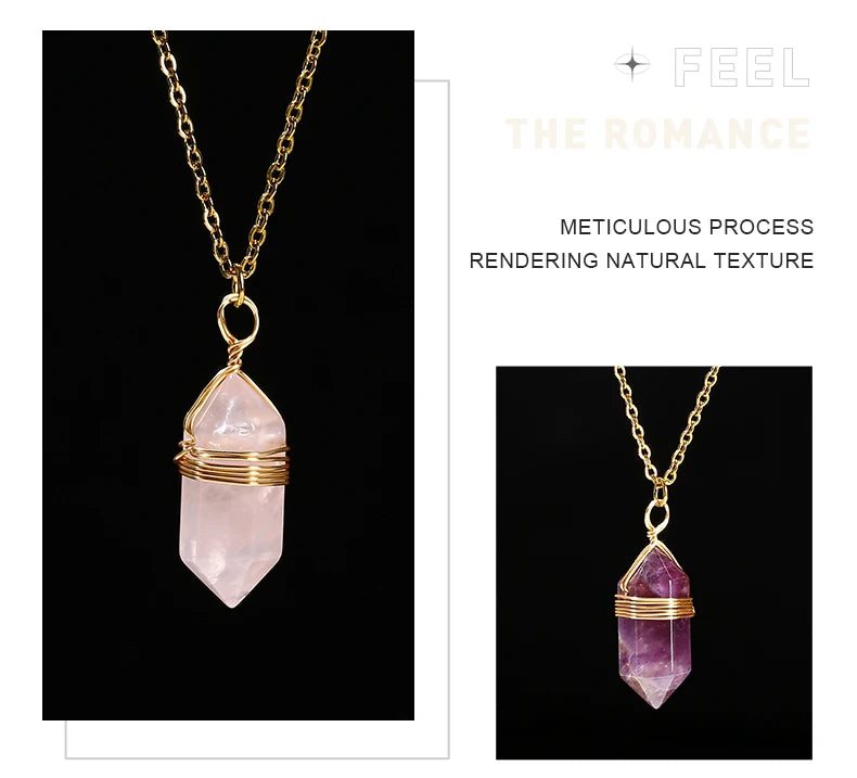 JD Natural Stone Amethyst Yellow Tiger Eye Obsidian Hexagon Column Charm Necklace Women Men Fashion Energy Healing Chain Choker