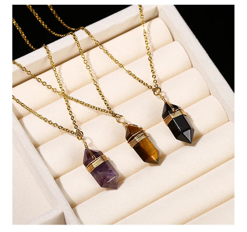 JD Natural Stone Amethyst Yellow Tiger Eye Obsidian Hexagon Column Charm Necklace Women Men Fashion Energy Healing Chain Choker