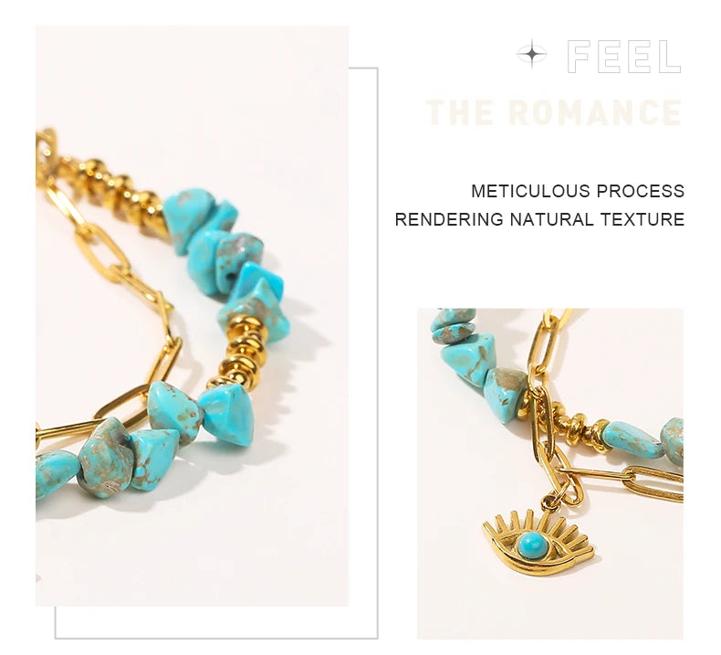 JD Natural Blue Turquoises Stone Devil's Eye Pendant Chain Double Layer Bracelet Women Bohemian Handmade Stainless Steel Jewelry