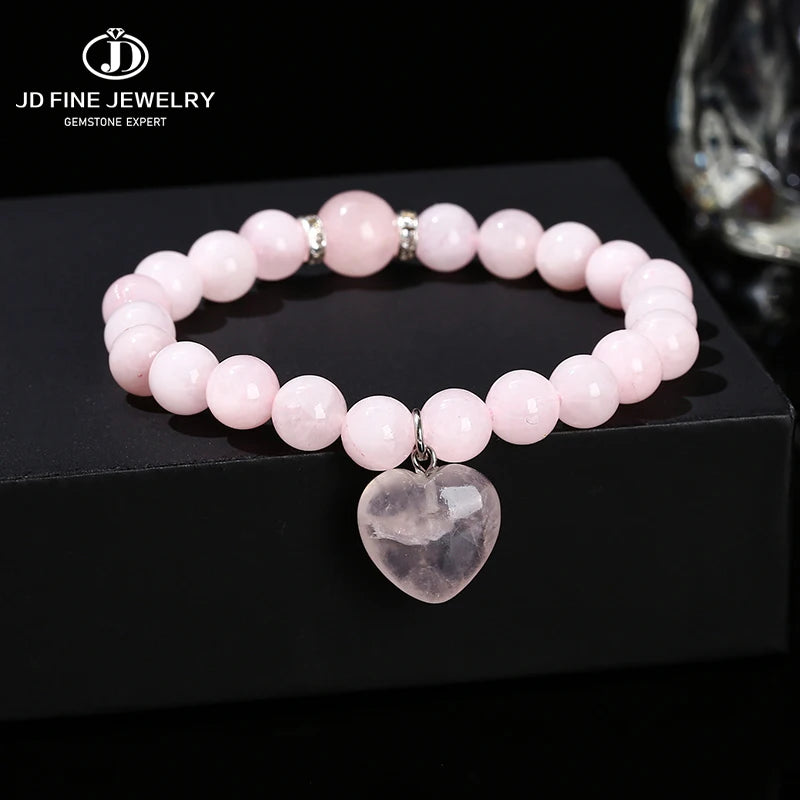JD Natural Pink Quartz Yellow Tiger Eye Unakite Heart Pendant Beaded Bracelet Women Lovers Elegant Handmade Stretch Healing Gift