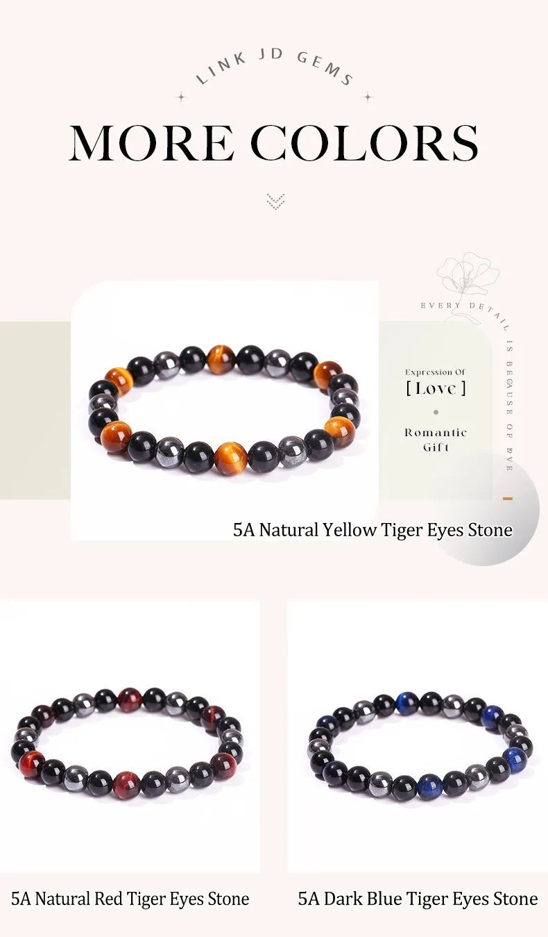 JD Natural Black Obsidian Stone Hematite Tiger Eye Bead Bracelet Women Men Triple Protection Health Care Weight Loss Jewelry