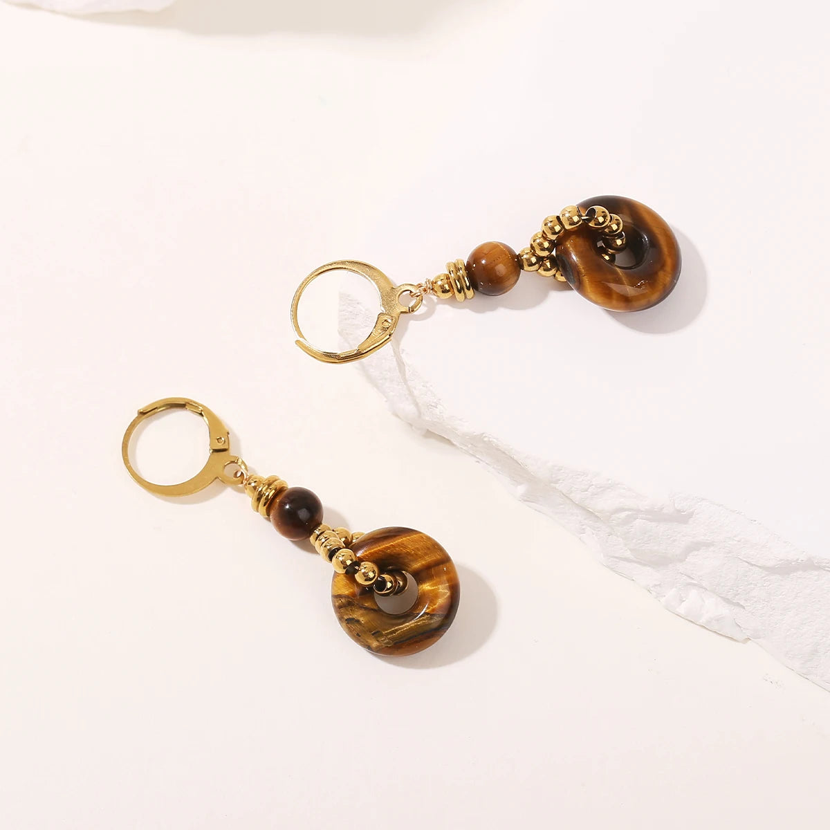 JD New Fashion Earrings Natural Tiger Eye Stone Hoop Earring for Women Charm Lucky Energy Stone Handmade Stainless Steel Jewelry