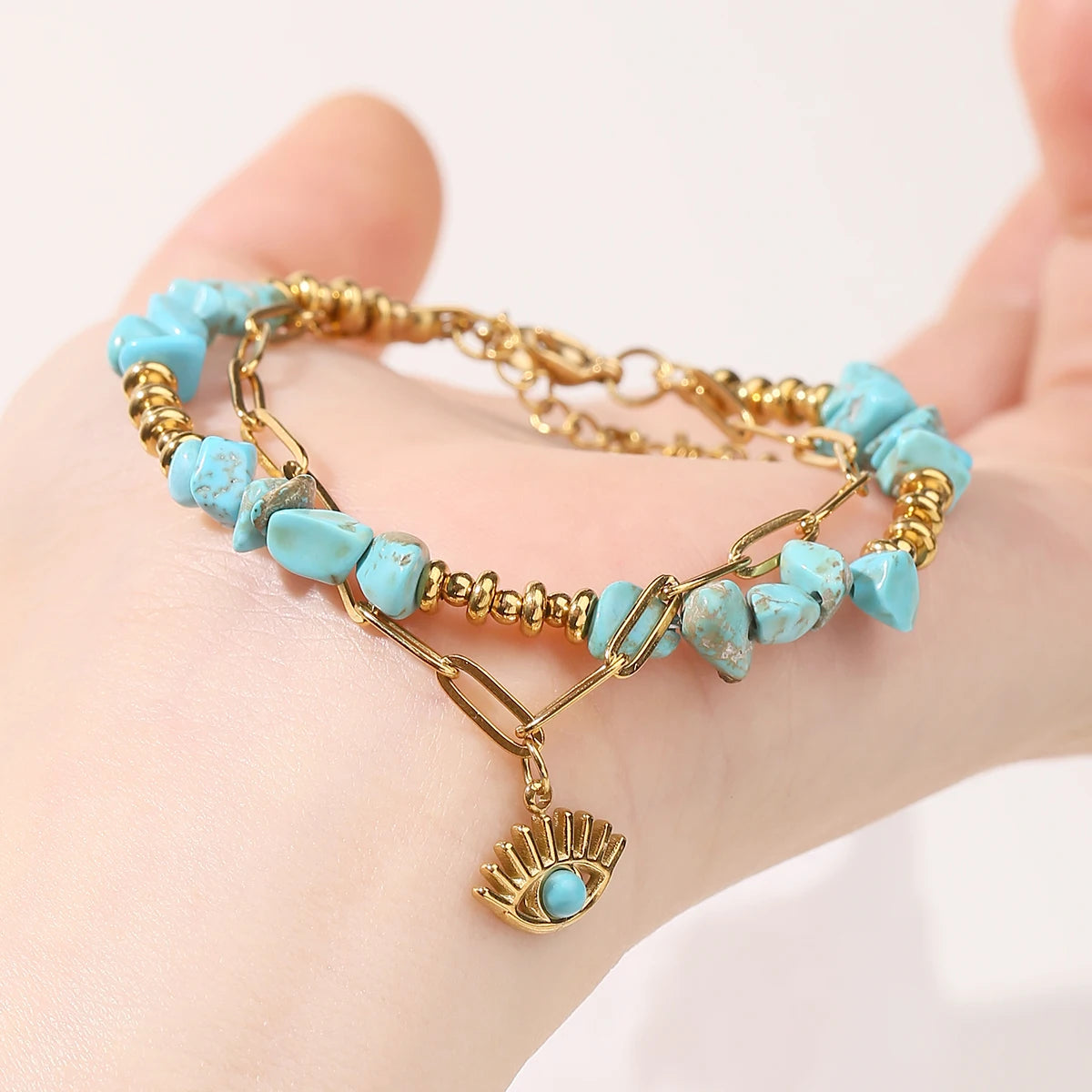 JD Natural Blue Turquoises Stone Devil's Eye Pendant Chain Double Layer Bracelet Women Bohemian Handmade Stainless Steel Jewelry