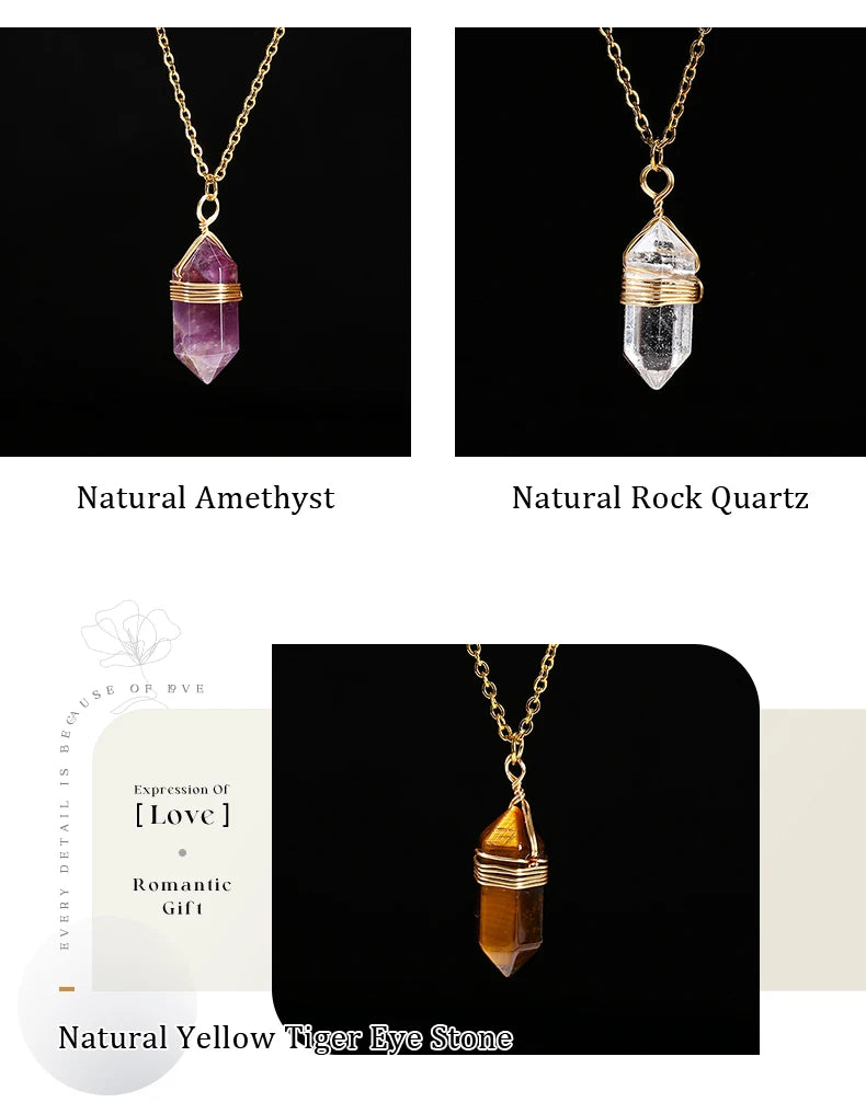 JD Natural Stone Amethyst Yellow Tiger Eye Obsidian Hexagon Column Charm Necklace Women Men Fashion Energy Healing Chain Choker