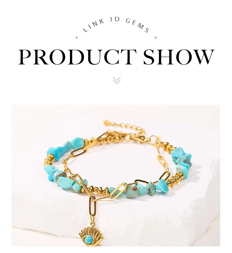 JD Natural Blue Turquoises Stone Devil's Eye Pendant Chain Double Layer Bracelet Women Bohemian Handmade Stainless Steel Jewelry