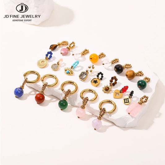 JD Natural Stone Dangle Earrings Varied DIY Design for Women Stainless Steel Hoop Earrings Crystal Pendant Jewelry Accessory