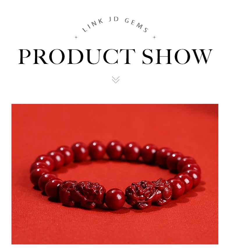 JD Natural Cinnabar Real Bead Bracelets Women Men Change Lucky Wealth Protection Hand String Pixiu Carved Vintage Bangles Gift