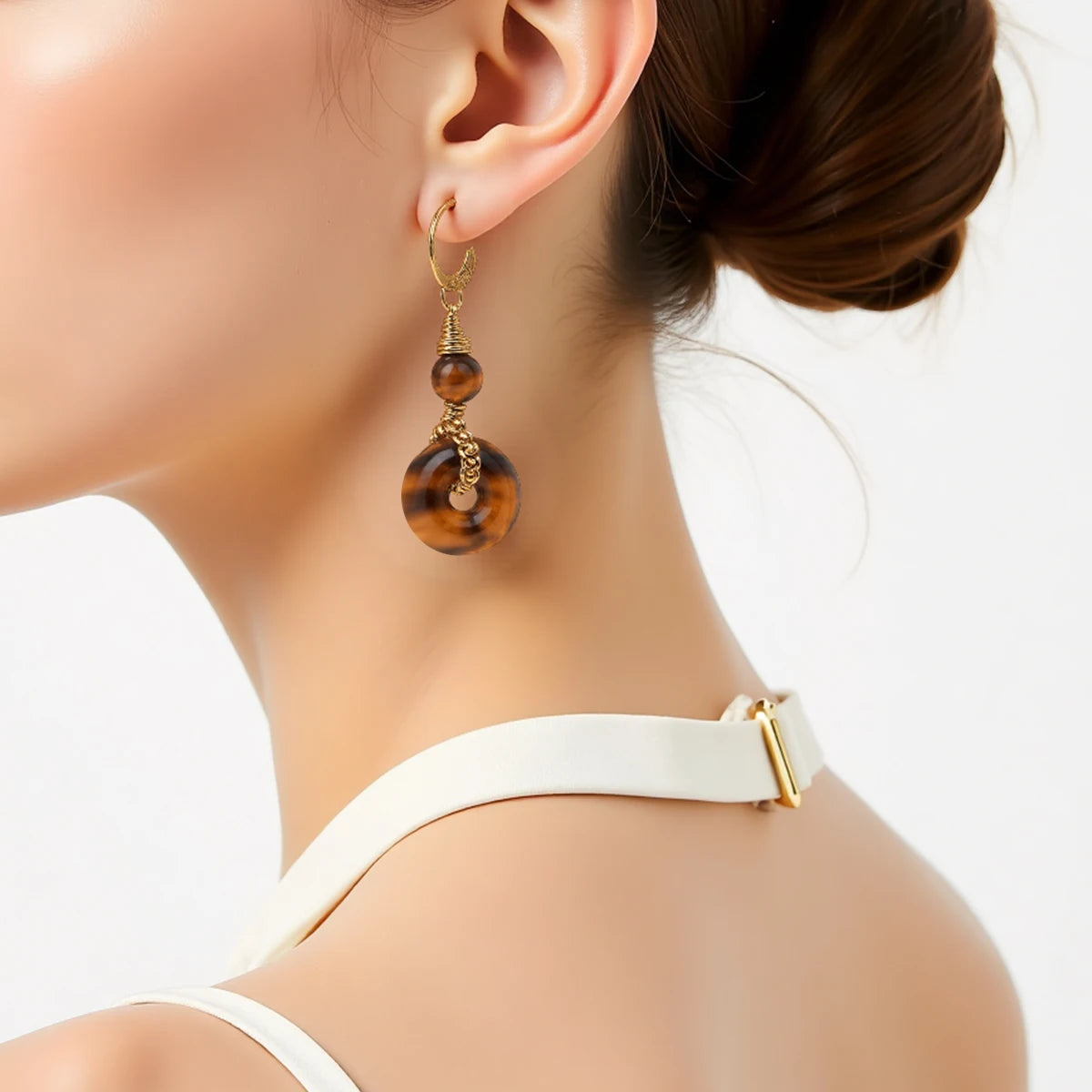 JD New Fashion Earrings Natural Tiger Eye Stone Hoop Earring for Women Charm Lucky Energy Stone Handmade Stainless Steel Jewelry