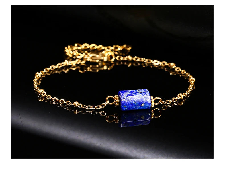 JD Natural Stone Pink Quartz Amethyst Faceted Tube Bead Stainless Steel Bracelet Women Exquisite Nugget Gems Adjustable Jewelry