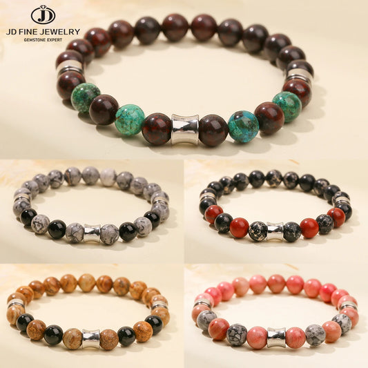 JD Natural Rhodonite Map Stone Mixed Stainless Steel Bracelets Women Men Simple Vintage Handmade Stretch Bangles Yoga Jewelry
