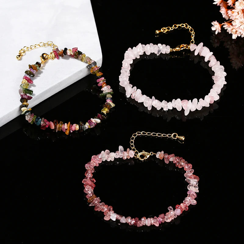 JD Natural Stone Tourmaline Amethyst Rock Quartz Crystal Stone Chip Bead Bracelet Women Healing Chakra Adjustable Chain Jewelry