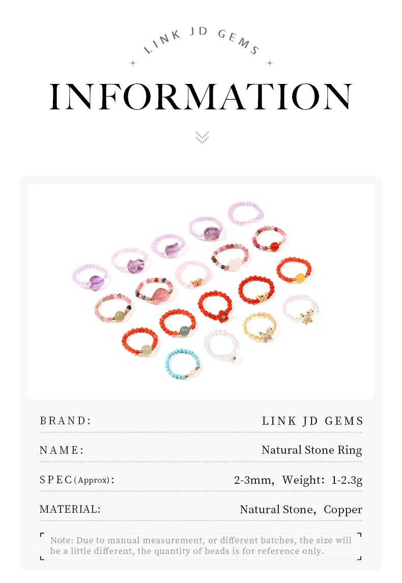 JD Natural Crystal Rings for Women Fashion Simple Sweet Small Beads Tourmaline Amethyst Turquoise Adjustable Reiki Healing Rings