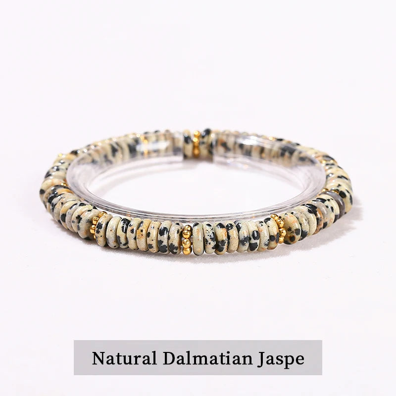 JD Natural Stone Green Aventurine Pink Quartz Flat Spacer Beads Bracelet Women Men Bohe Elastic Bangles Healing Friendship Gift