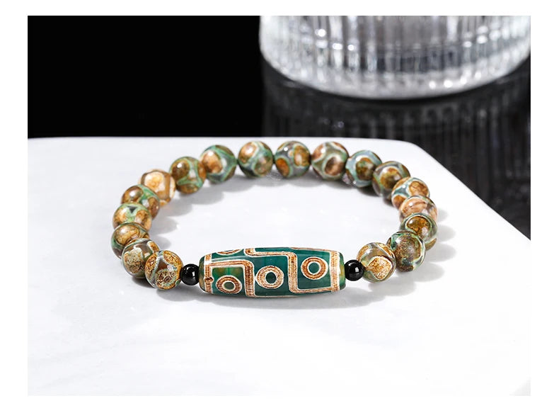 JD Natural Green Nine Eyes Tibetan Dzi Agate Barrel Beads Bracelet Women Men Retro Healing Buddha Prayer Charm Yoga Jewelry Gift
