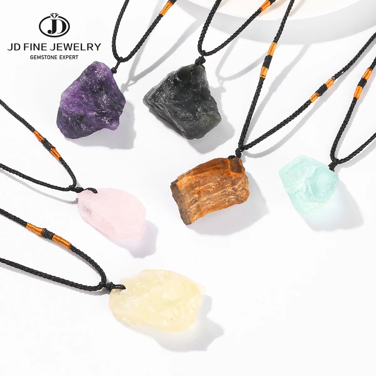 JD Natural Crystal Amethyst Raw Stone Pendant Clavicle Necklace Women Men Reiki Healing Adjustable Rope Chain Lucky Necklace