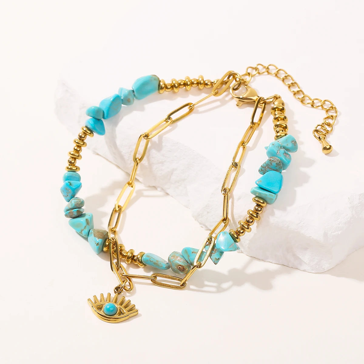 JD Natural Blue Turquoises Stone Devil's Eye Pendant Chain Double Layer Bracelet Women Bohemian Handmade Stainless Steel Jewelry