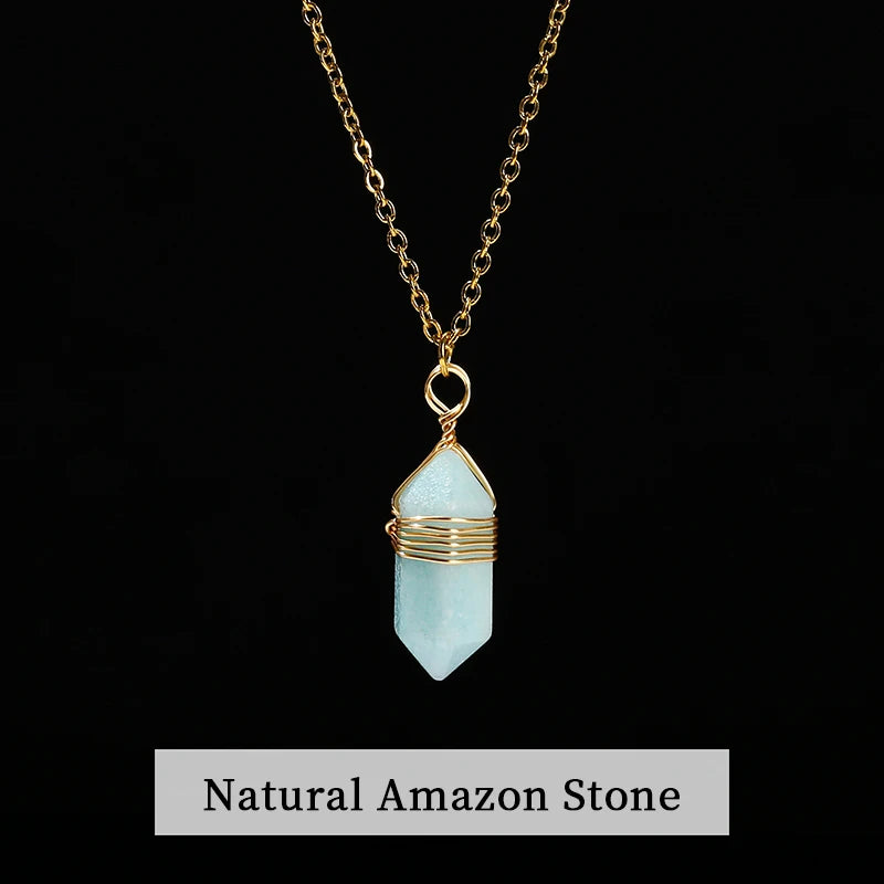 JD Natural Stone Amethyst Yellow Tiger Eye Obsidian Hexagon Column Charm Necklace Women Men Fashion Energy Healing Chain Choker