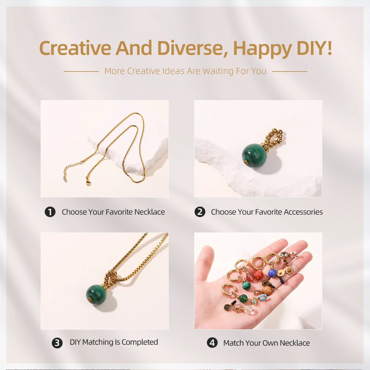 JD Natural Stone Pandent Box Chain Necklaces for Women Creative DIY Crystal Charm Stainless Steel Clavicle Necklace Accessory