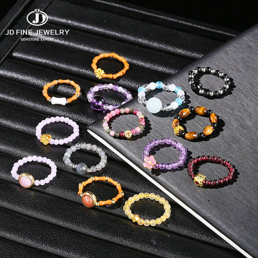 JD Natural Stone Small Bead Crystal Rings for Women Trendy Bohe Handmade Stretch Rings Reiki Healing Party Gifts Couple Jewelry