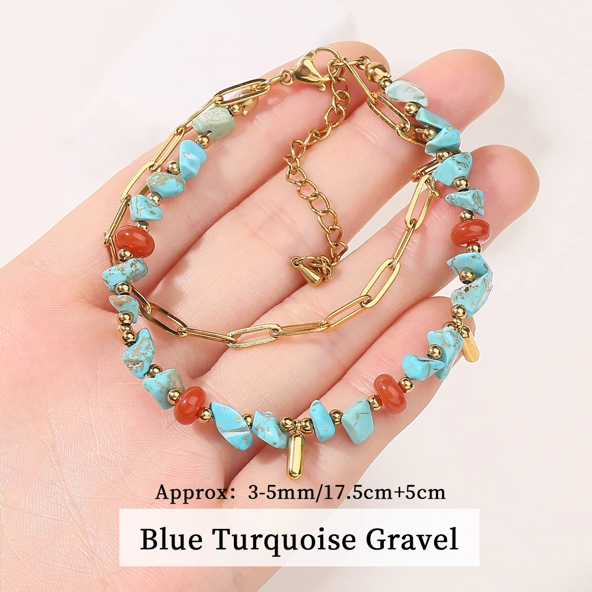 JD Natural Blue Turquoises Stone Devil's Eye Pendant Chain Double Layer Bracelet Women Bohemian Handmade Stainless Steel Jewelry