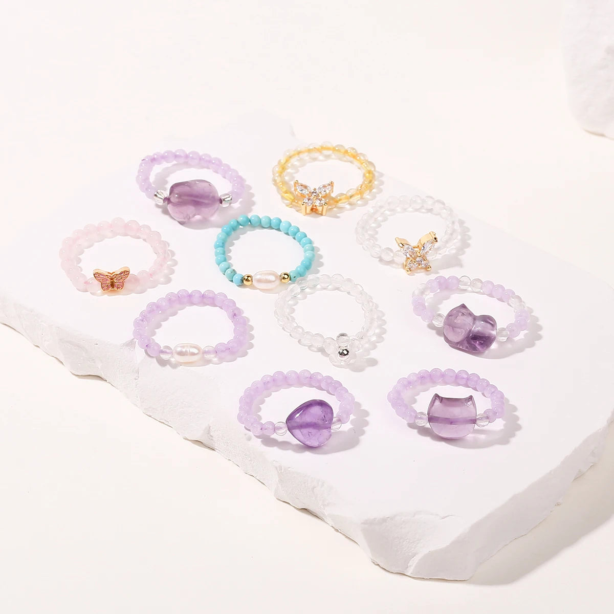 JD Natural Crystal Rings for Women Fashion Simple Sweet Small Beads Tourmaline Amethyst Turquoise Adjustable Reiki Healing Rings