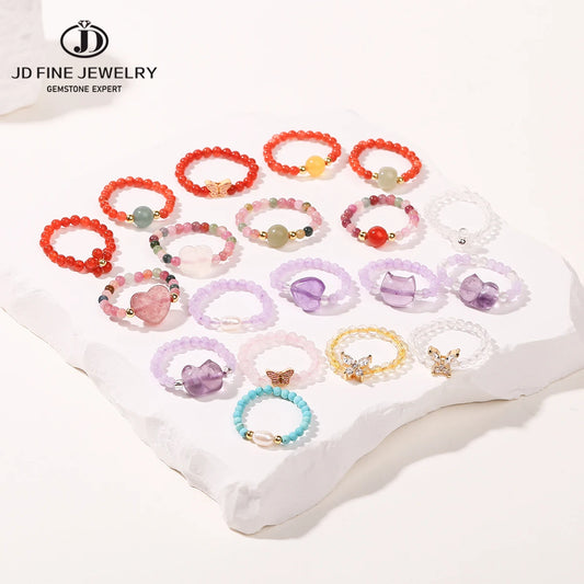 JD Natural Crystal Rings for Women Fashion Simple Sweet Small Beads Tourmaline Amethyst Turquoise Adjustable Reiki Healing Rings