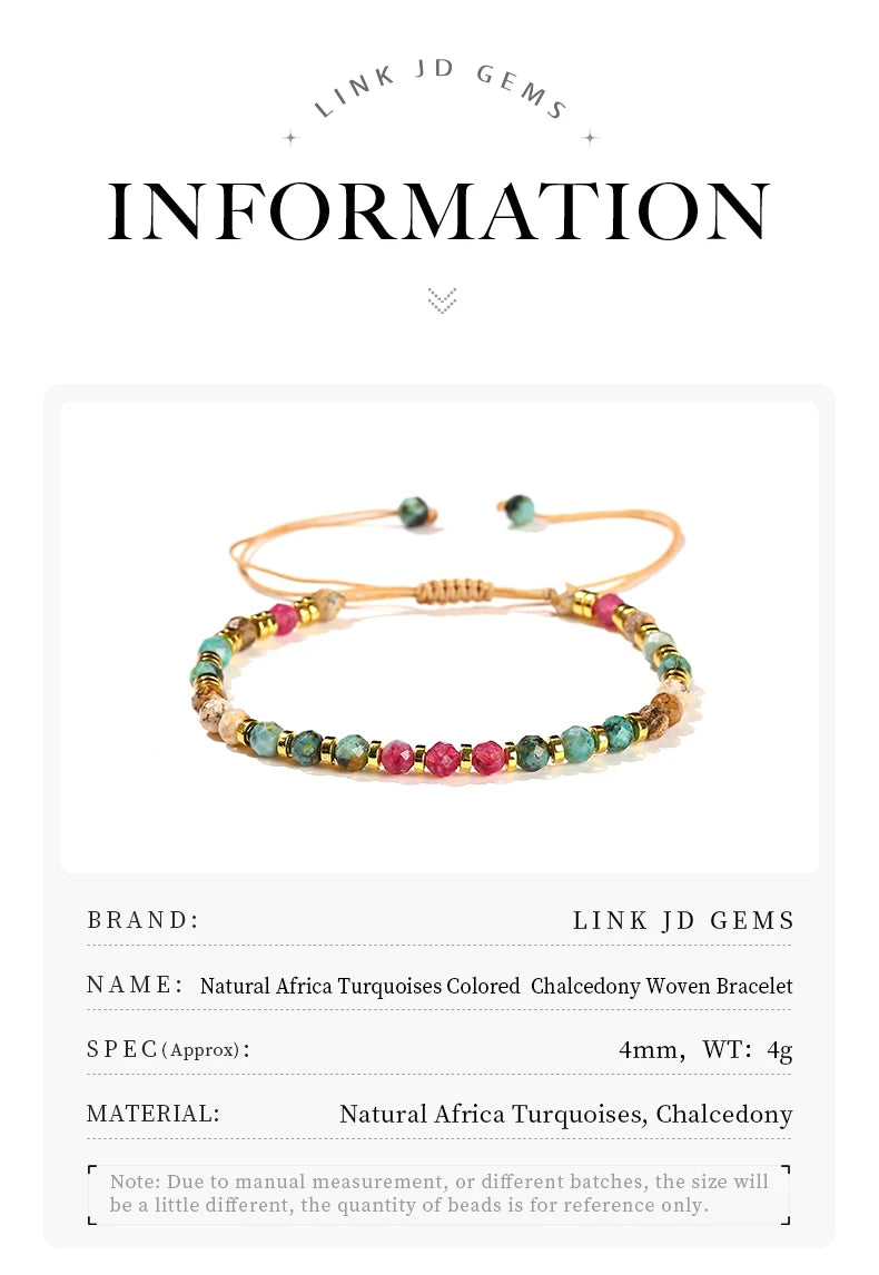 JD Natural Stone Faceted Africa Turquoises Colored Chalcedony Braided Bracelet Women Bohe Handmade Rope Adjustable Jewelry Gift
