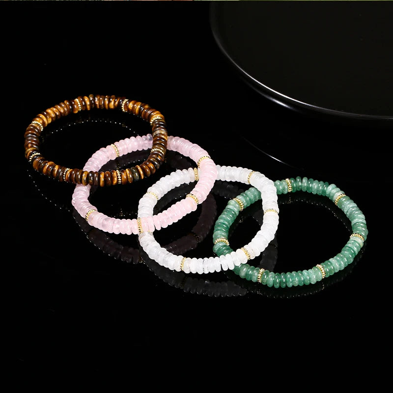 JD Natural Stone Green Aventurine Pink Quartz Flat Spacer Beads Bracelet Women Men Bohe Elastic Bangles Healing Friendship Gift