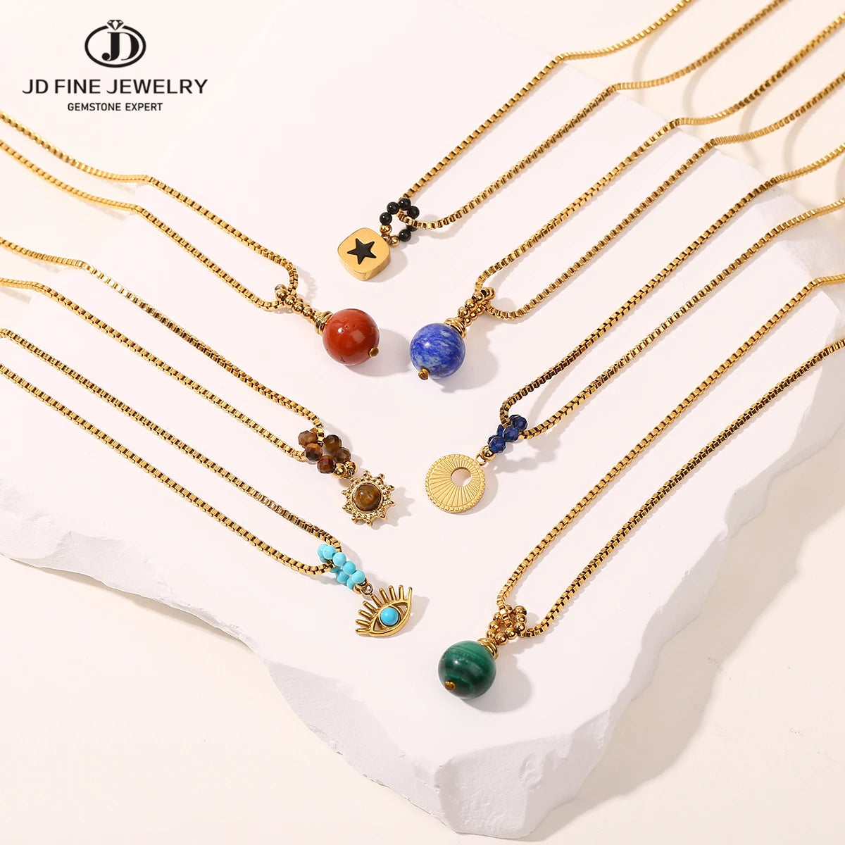 JD Natural Stone Pandent Box Chain Necklaces for Women Creative DIY Crystal Charm Stainless Steel Clavicle Necklace Accessory