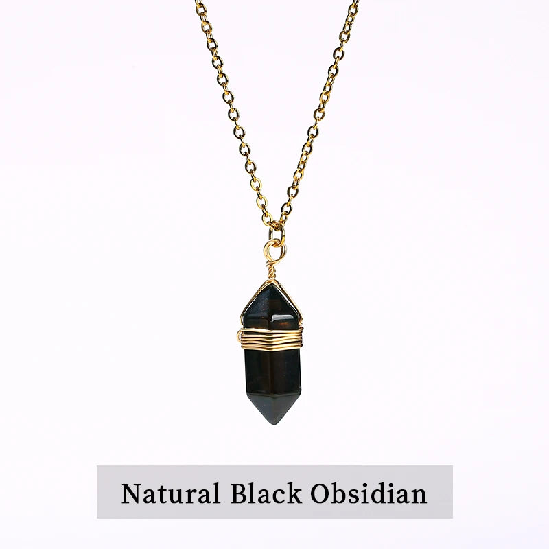 JD Natural Stone Amethyst Yellow Tiger Eye Obsidian Hexagon Column Charm Necklace Women Men Fashion Energy Healing Chain Choker