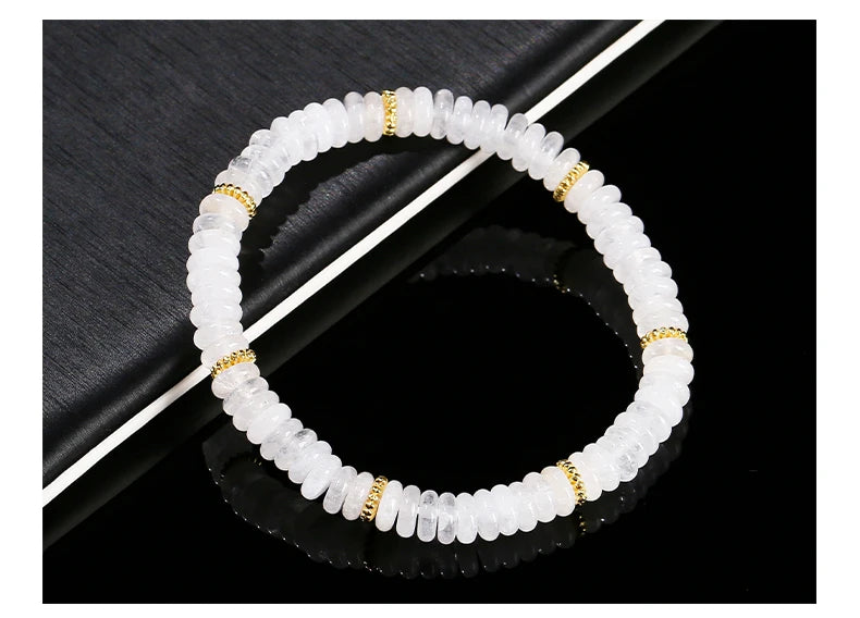 JD Natural Stone Green Aventurine Pink Quartz Flat Spacer Beads Bracelet Women Men Bohe Elastic Bangles Healing Friendship Gift