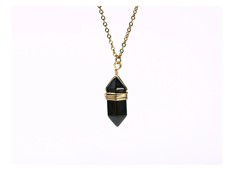 JD Natural Stone Amethyst Yellow Tiger Eye Obsidian Hexagon Column Charm Necklace Women Men Fashion Energy Healing Chain Choker