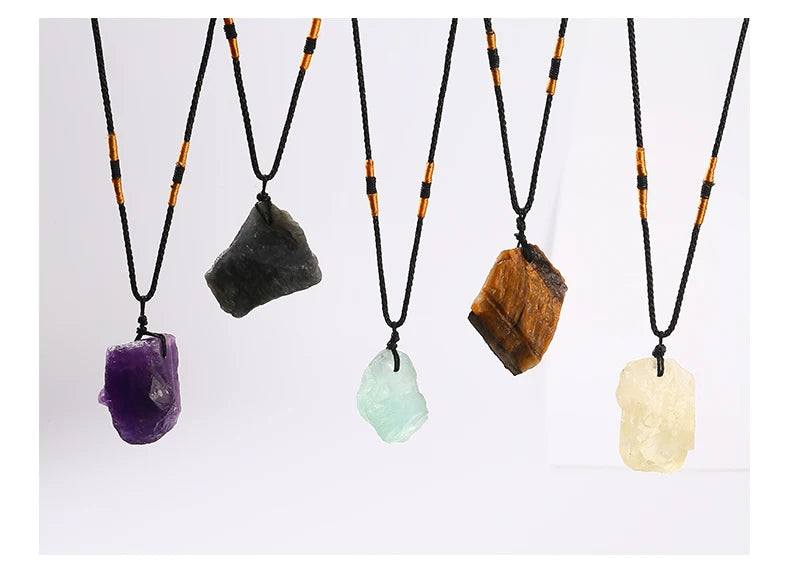 JD Natural Crystal Amethyst Raw Stone Pendant Clavicle Necklace Women Men Reiki Healing Adjustable Rope Chain Lucky Necklace