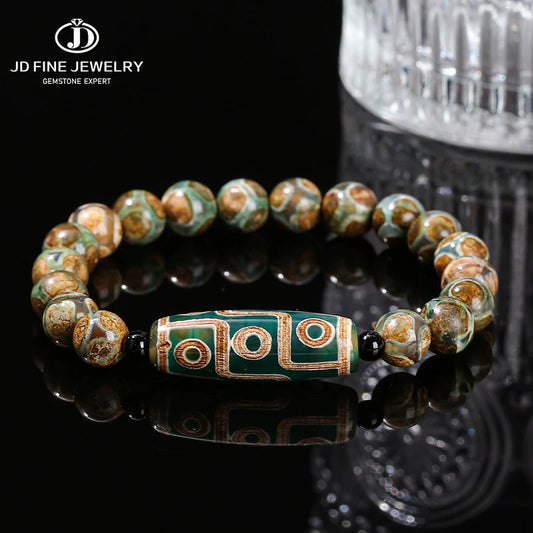 JD Natural Green Nine Eyes Tibetan Dzi Agate Barrel Beads Bracelet Women Men Retro Healing Buddha Prayer Charm Yoga Jewelry Gift