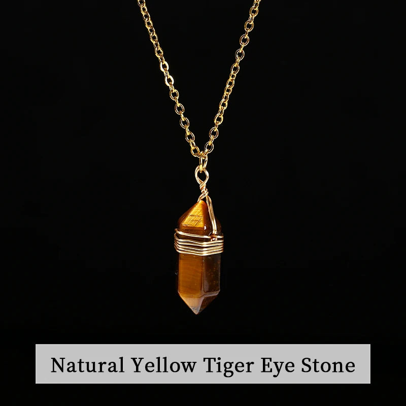 JD Natural Stone Amethyst Yellow Tiger Eye Obsidian Hexagon Column Charm Necklace Women Men Fashion Energy Healing Chain Choker