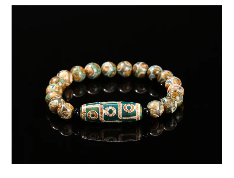 JD Natural Green Nine Eyes Tibetan Dzi Agate Barrel Beads Bracelet Women Men Retro Healing Buddha Prayer Charm Yoga Jewelry Gift