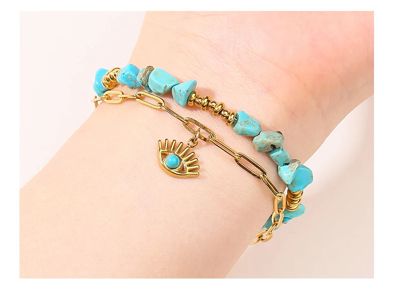 JD Natural Blue Turquoises Stone Devil's Eye Pendant Chain Double Layer Bracelet Women Bohemian Handmade Stainless Steel Jewelry