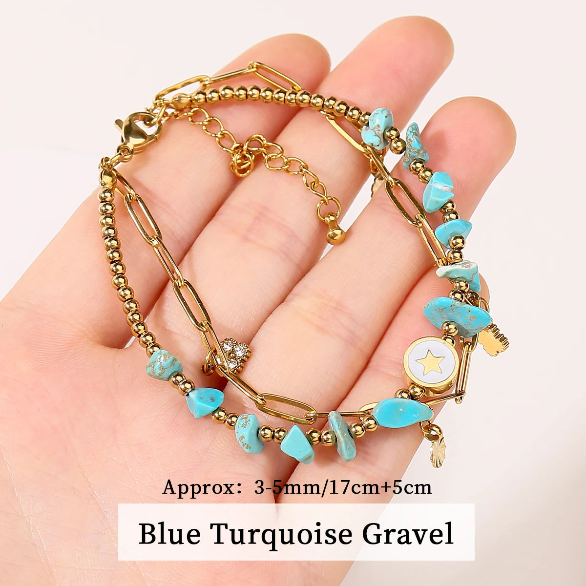 JD Natural Blue Turquoises Stone Devil's Eye Pendant Chain Double Layer Bracelet Women Bohemian Handmade Stainless Steel Jewelry