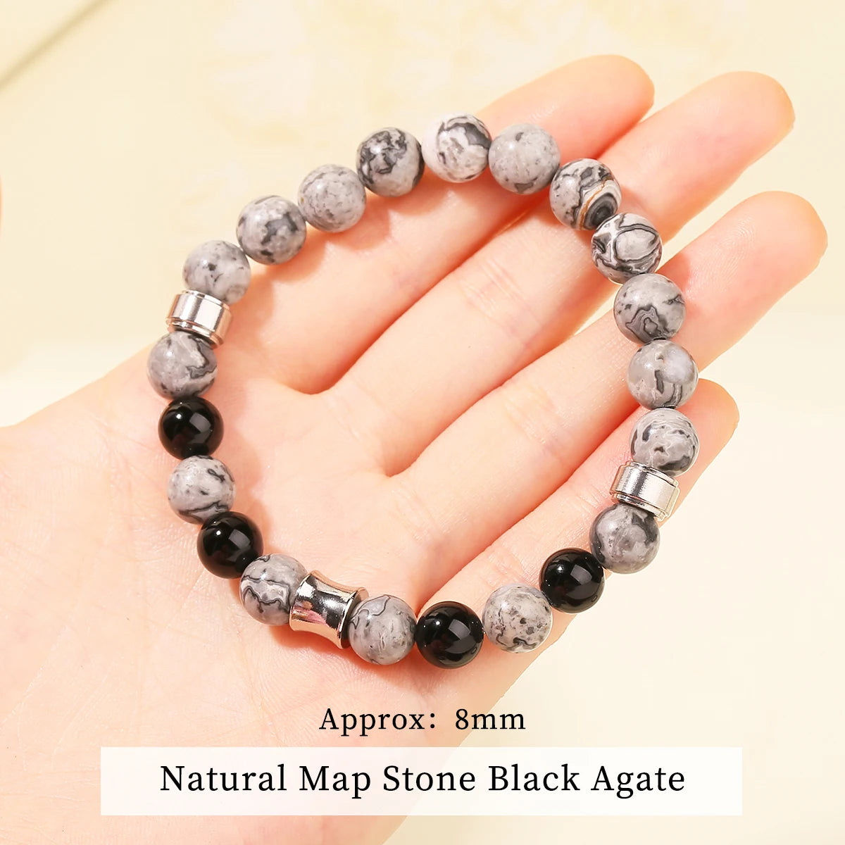 JD Natural Rhodonite Map Stone Mixed Stainless Steel Bracelets Women Men Simple Vintage Handmade Stretch Bangles Yoga Jewelry