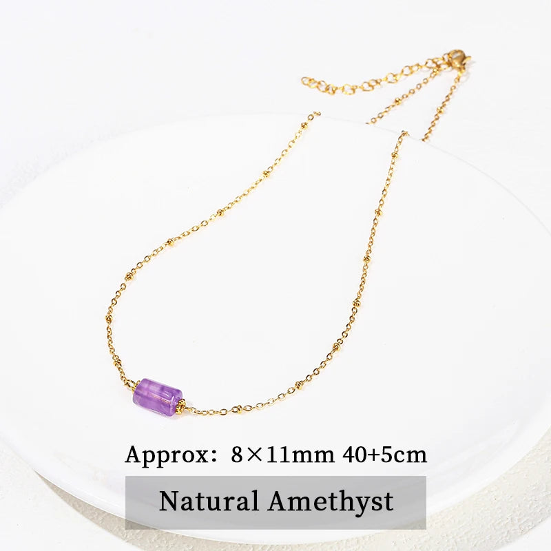 JD Handmade Boho Necklace Natural Amethyst Faceted Bead Pendant Necklace For Women Trendy Classic Stainless Steel Couple Gifts