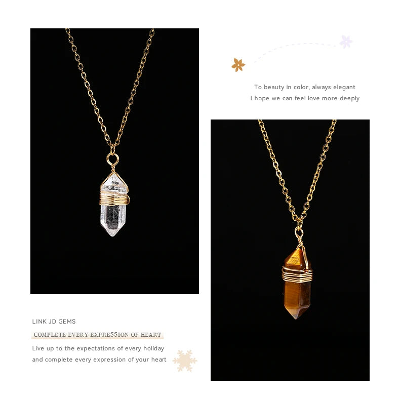JD Natural Stone Amethyst Yellow Tiger Eye Obsidian Hexagon Column Charm Necklace Women Men Fashion Energy Healing Chain Choker