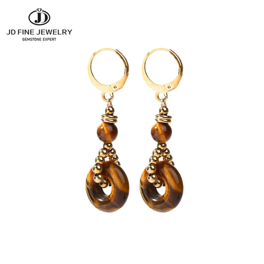 JD New Fashion Earrings Natural Tiger Eye Stone Hoop Earring for Women Charm Lucky Energy Stone Handmade Stainless Steel Jewelry
