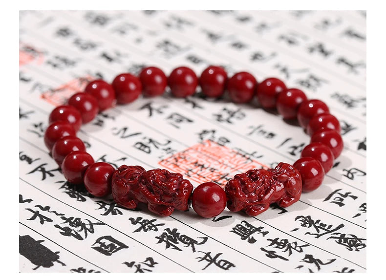 JD Natural Cinnabar Real Bead Bracelets Women Men Change Lucky Wealth Protection Hand String Pixiu Carved Vintage Bangles Gift