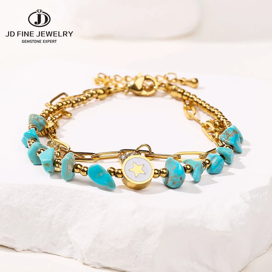 JD Natural Blue Turquoise Gravel Stone Double Layer Zircon Bracelets Women Bohemian Stainless Steel Reiki Healing Friend Gift