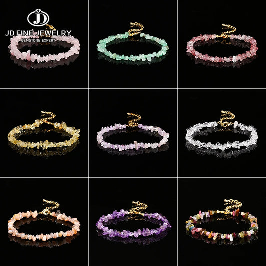 JD Natural Stone Tourmaline Amethyst Rock Quartz Crystal Stone Chip Bead Bracelet Women Healing Chakra Adjustable Chain Jewelry