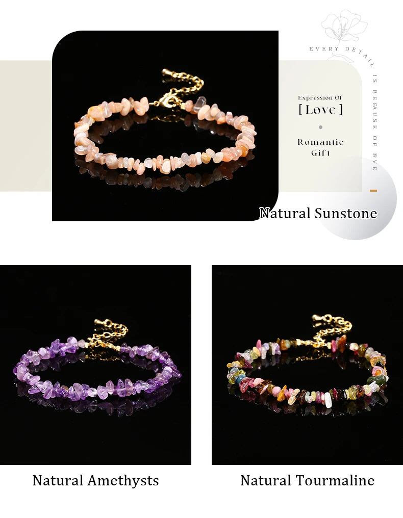 JD Natural Stone Tourmaline Amethyst Rock Quartz Crystal Stone Chip Bead Bracelet Women Healing Chakra Adjustable Chain Jewelry
