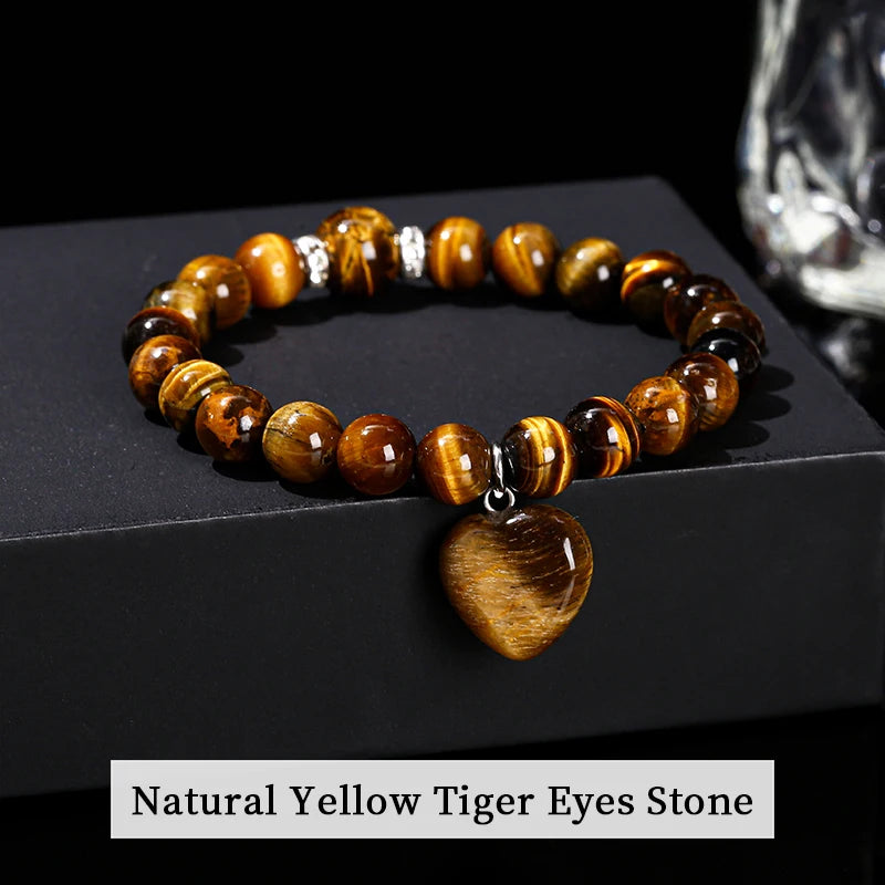 JD Natural Pink Quartz Yellow Tiger Eye Unakite Heart Pendant Beaded Bracelet Women Lovers Elegant Handmade Stretch Healing Gift